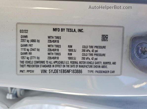 5YJ3E1EB5NF183886 2022 TESLA MODEL White Widok naklejki z numerem VIN