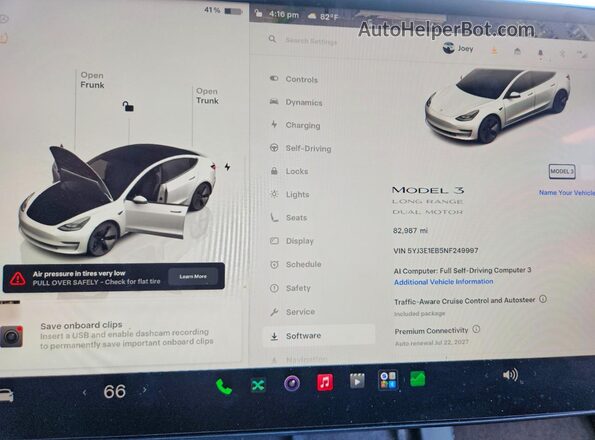 5YJ3E1EB5NF249997 2022 TESLA MODEL White Vista del cuadro de instrumentos