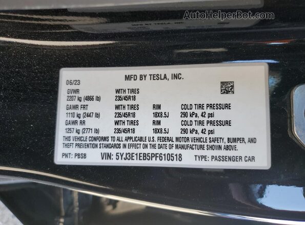 5YJ3E1EB5PF610518 2023 TESLA MODEL Black Вид підкапотного простору