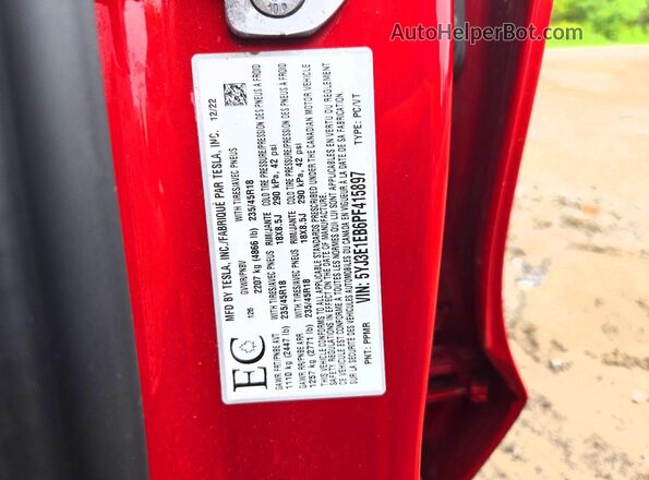 5YJ3E1EB6PF415897 2023 TESLA MODEL Red VIN კოდის სტიკერის ხედი