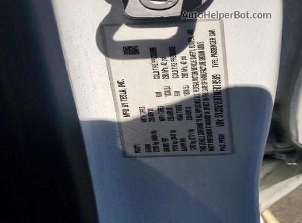 5YJ3E1EB7MF079589 2021 TESLA MODEL White Vista de la etiqueta del VIN
