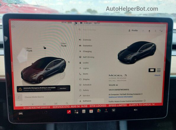 5YJ3E1EB7NF266512 2022 TESLA MODEL Gray Вид щитка приладів