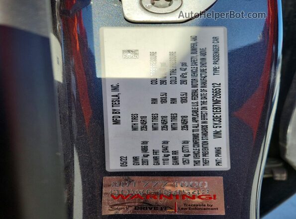 5YJ3E1EB7NF266512 2022 TESLA MODEL Gray Вид наклейки з VIN-кодом
