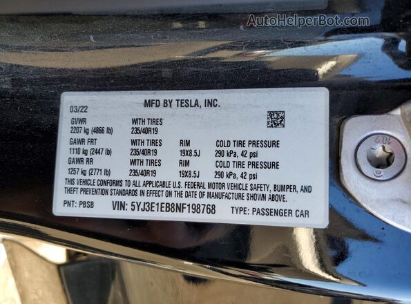 5YJ3E1EB8NF198768 2022 TESLA MODEL Black Вид підкапотного простору