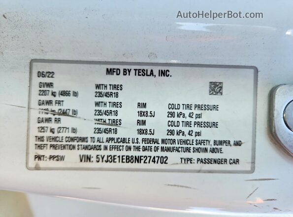 5YJ3E1EB8NF274702 2022 TESLA MODEL White VIN კოდის სტიკერის ხედი
