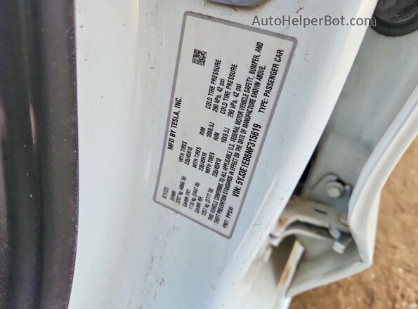 5YJ3E1EB8NF315619 2022 TESLA MODEL 3 White Widok naklejki z numerem VIN