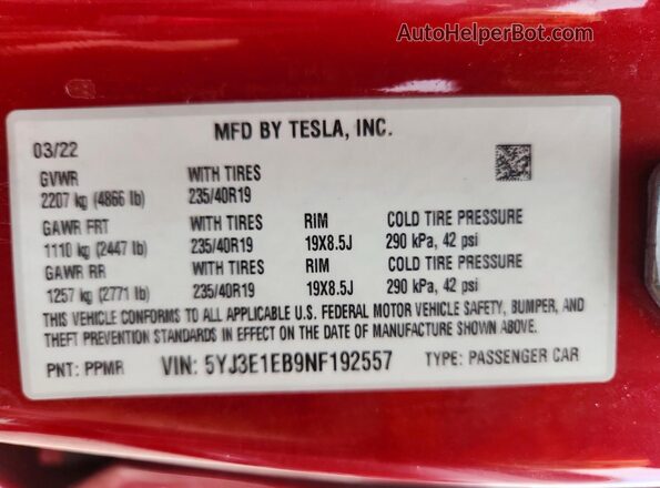 5YJ3E1EB9NF192557 2022 TESLA MODEL Красный Вид подкапотного пространства