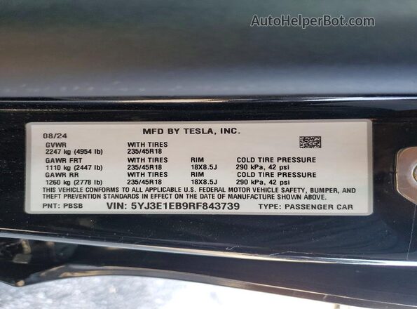 5YJ3E1EB9RF843739 2024 TESLA MODEL Black ძრავის განყოფილების ხედი