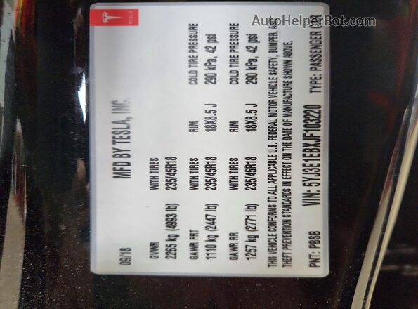 5YJ3E1EBXJF103220 2018 TESLA MODEL Black Շարժիչի բաժամունքի տեսք