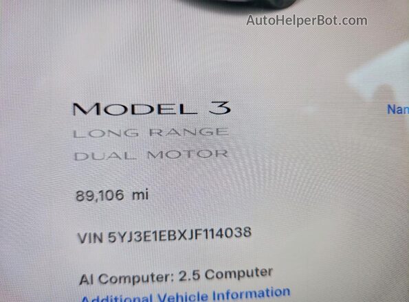 5YJ3E1EBXJF114038 2018 TESLA MODEL Cream Vista del cuadro de instrumentos
