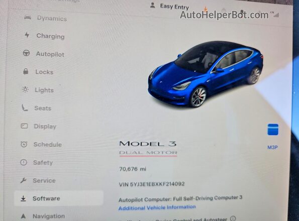 5YJ3E1EBXKF214092 2019 TESLA MODEL Blue Widok zestawu wskaźników