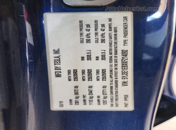 5YJ3E1EBXKF214092 2019 TESLA MODEL Blue Widok naklejki z numerem VIN