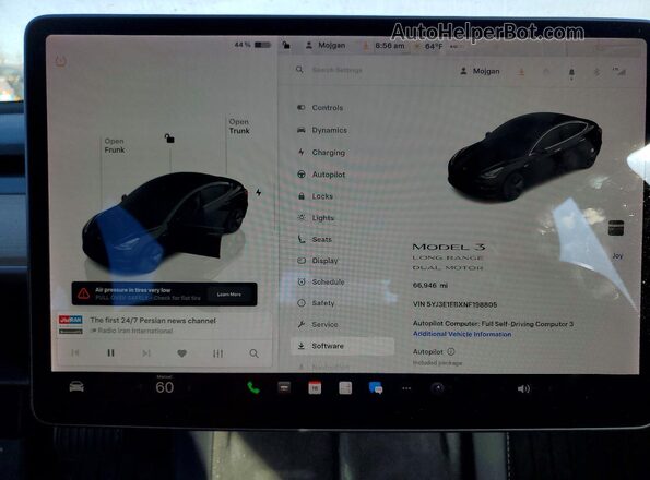 5YJ3E1EBXNF198805 2022 TESLA MODEL Черный Вид щитка приборов