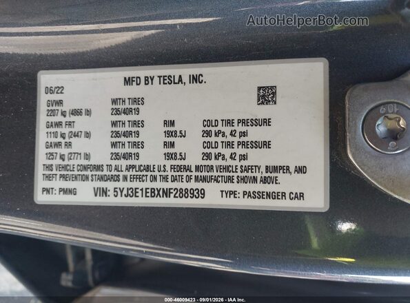 5YJ3E1EBXNF288939 2022 TESLA MODEL 3 Серый Вид подкапотного пространства