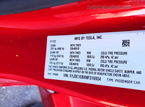 5YJ3E1EBXNF316934 2022 TESLA MODEL Red Շարժիչի բաժամունքի տեսք