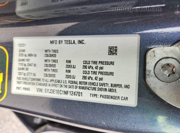 5YJ3E1EC1NF124701 2022 TESLA MODEL Charcoal Շարժիչի բաժամունքի տեսք
