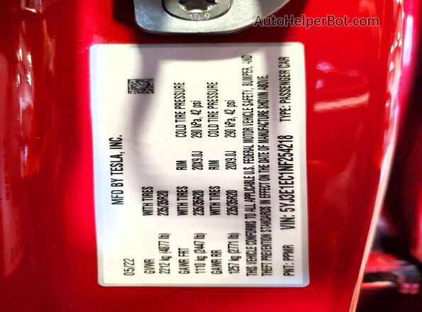 5YJ3E1EC1NF254218 2022 TESLA MODEL Red Вид підкапотного простору