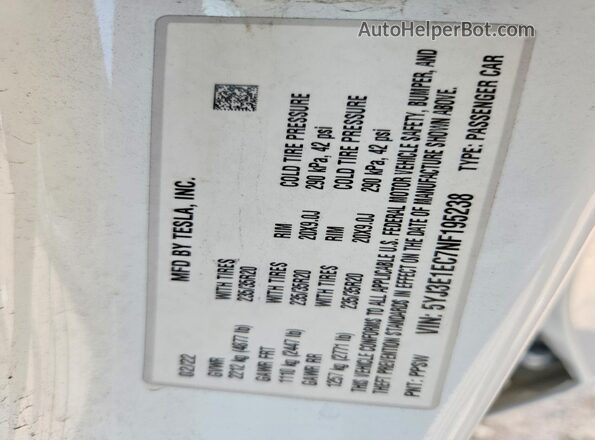 5YJ3E1EC7NF195238 2022 TESLA MODEL Белый Вид наклейки с VIN-кодом