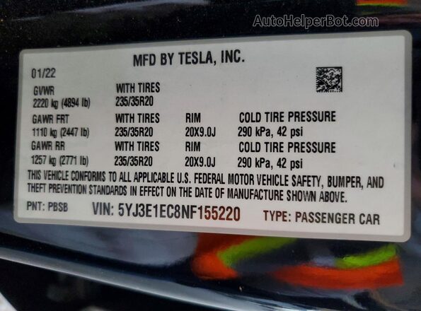 5YJ3E1EC8NF155220 2022 TESLA MODEL Black ძრავის განყოფილების ხედი