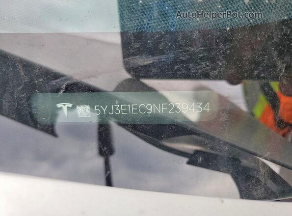 5YJ3E1EC9NF239434 2022 TESLA MODEL White VIN კოდის სტიკერის ხედი