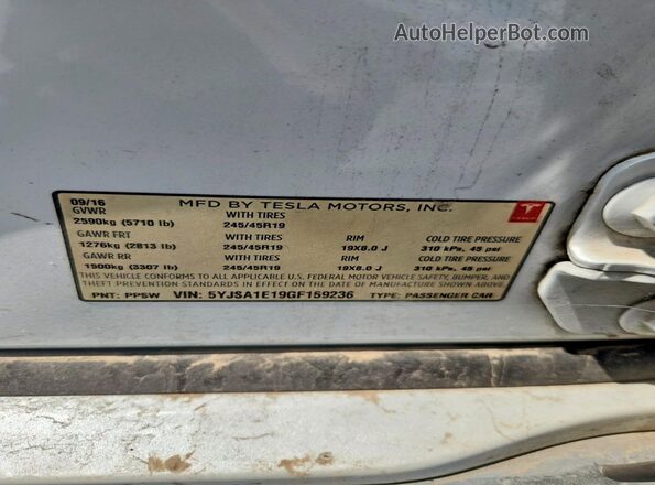 5YJSA1E19GF159236 2016 TESLA MODEL Белый Вид наклейки с VIN-кодом