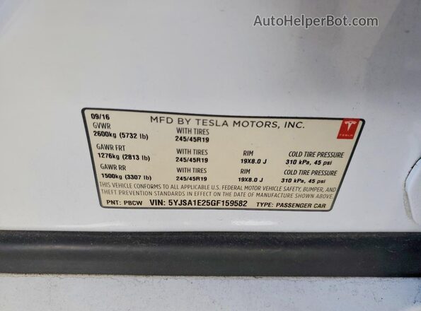 5YJSA1E25GF159582 2016 TESLA MODEL White ძრავის განყოფილების ხედი