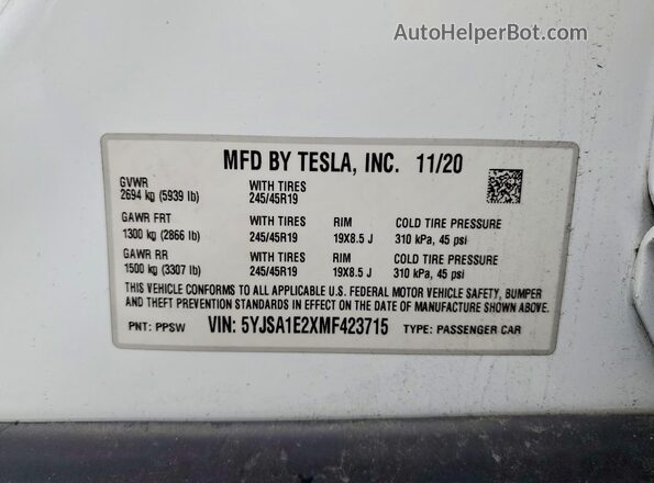 5YJSA1E2XMF423715 2021 TESLA MODEL White Вид підкапотного простору