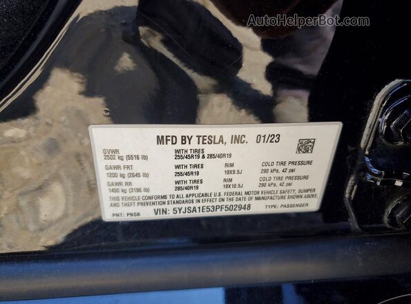 5YJSA1E53PF502948 2023 TESLA MODEL Black ძრავის განყოფილების ხედი