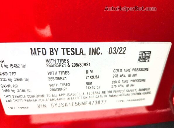 5YJSA1E56NF473877 2022 TESLA MODEL Red VIN sticker view