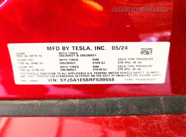5YJSA1E56RF539558 2024 TESLA MODEL Red Vista de la etiqueta del VIN