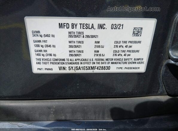 5YJSA1E5XMF428830 2021 TESLA MODEL S Gray Вид підкапотного простору