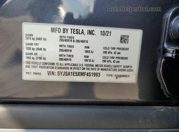 5YJSA1E5XMF451993 2021 TESLA MODEL Угольный Вид наклейки с VIN-кодом