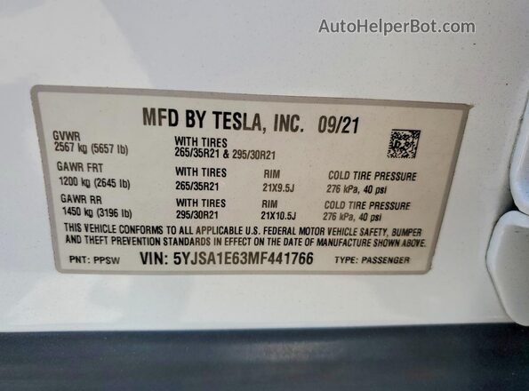 5YJSA1E63MF441766 2021 TESLA MODEL Two Tone Widok komory silnika