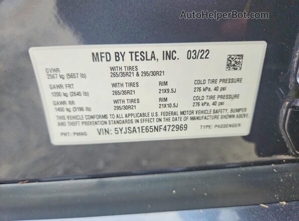 5YJSA1E65NF472969 2022 TESLA MODEL Charcoal Engine compartment view
