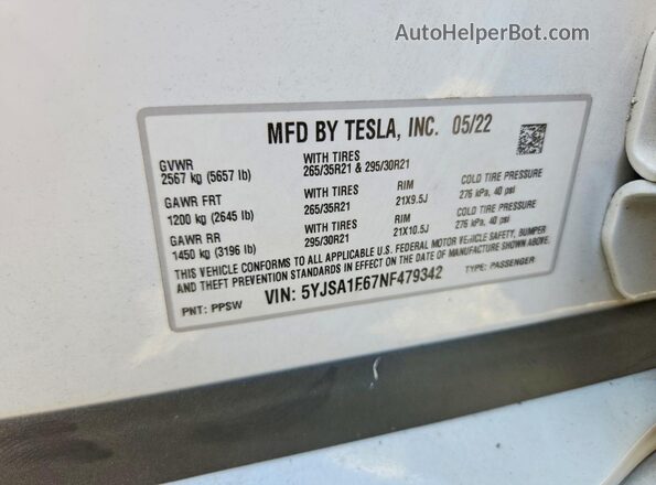5YJSA1E67NF479342 2022 TESLA MODEL Gray VIN sticker view