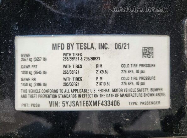 5YJSA1E6XMF433406 2021 TESLA MODEL Black VIN sticker view