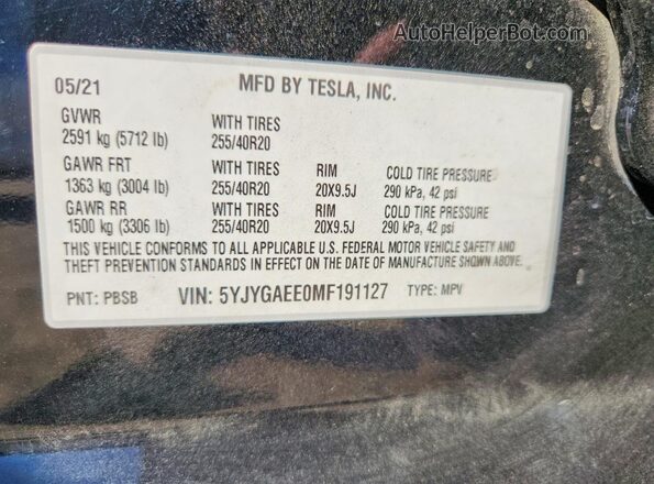 5YJYGAEE0MF191127 2021 TESLA MODEL Черный Вид наклейки с VIN-кодом