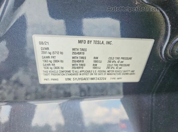 5YJYGAEE1MF243204 2021 TESLA MODEL Gray VIN sticker view