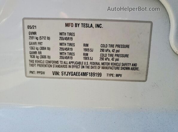 5YJYGAEE4MF189199 2021 TESLA MODEL White სალონის 360-გრადუსიანი ხედი