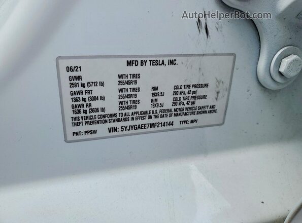 5YJYGAEE7MF214144 2021 TESLA MODEL White ძრავის განყოფილების ხედი