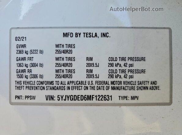 5YJYGDED6MF122631 2021 TESLA MODEL Белый Вид наклейки с VIN-кодом