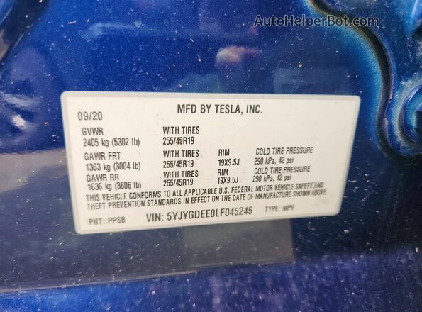 5YJYGDEE0LF045245 2020 TESLA MODEL Blue Vista del compartimento del motor