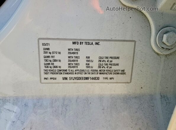 5YJYGDEE0MF144830 2021 TESLA MODEL White Vista de la etiqueta del VIN