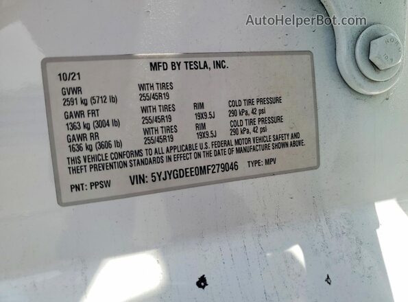 5YJYGDEE0MF279046 2021 TESLA MODEL Blue Вид наклейки з VIN-кодом