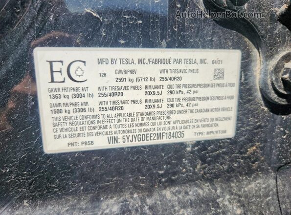 5YJYGDEE2MF184035 2021 TESLA MODEL Black VIN sticker view