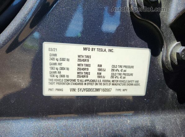 5YJYGDEE3MF160567 2021 TESLA MODEL Gray Widok naklejki z numerem VIN