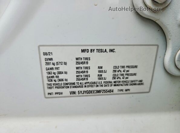 5YJYGDEE3MF255484 2021 TESLA MODEL White Շարժիչի բաժամունքի տեսք