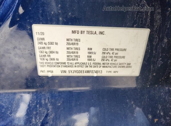5YJYGDEE4MF074913 2021 TESLA MODEL Blue VIN კოდის სტიკერის ხედი