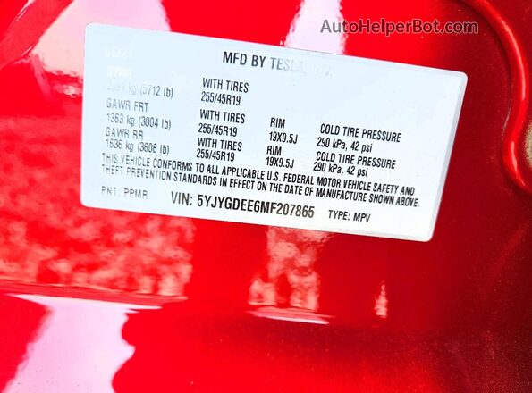 5YJYGDEE6MF207865 2021 TESLA MODEL Red VIN კოდის სტიკერის ხედი