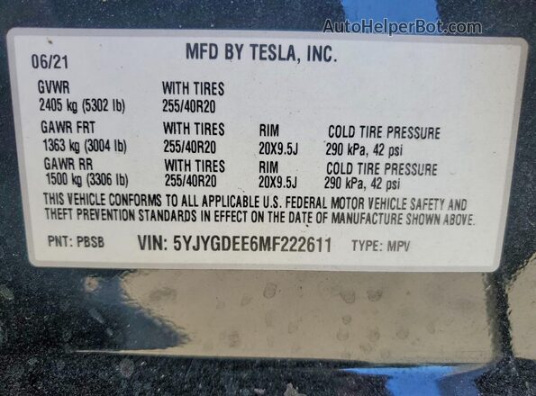 5YJYGDEE6MF222611 2021 TESLA MODEL Black Вид наклейки з VIN-кодом